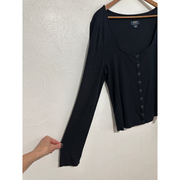 Maeve by Anthropologie Ultra Soft Ribbed Long Sleeve Henley Snap Shirt XL Black - Picture 2 of 10